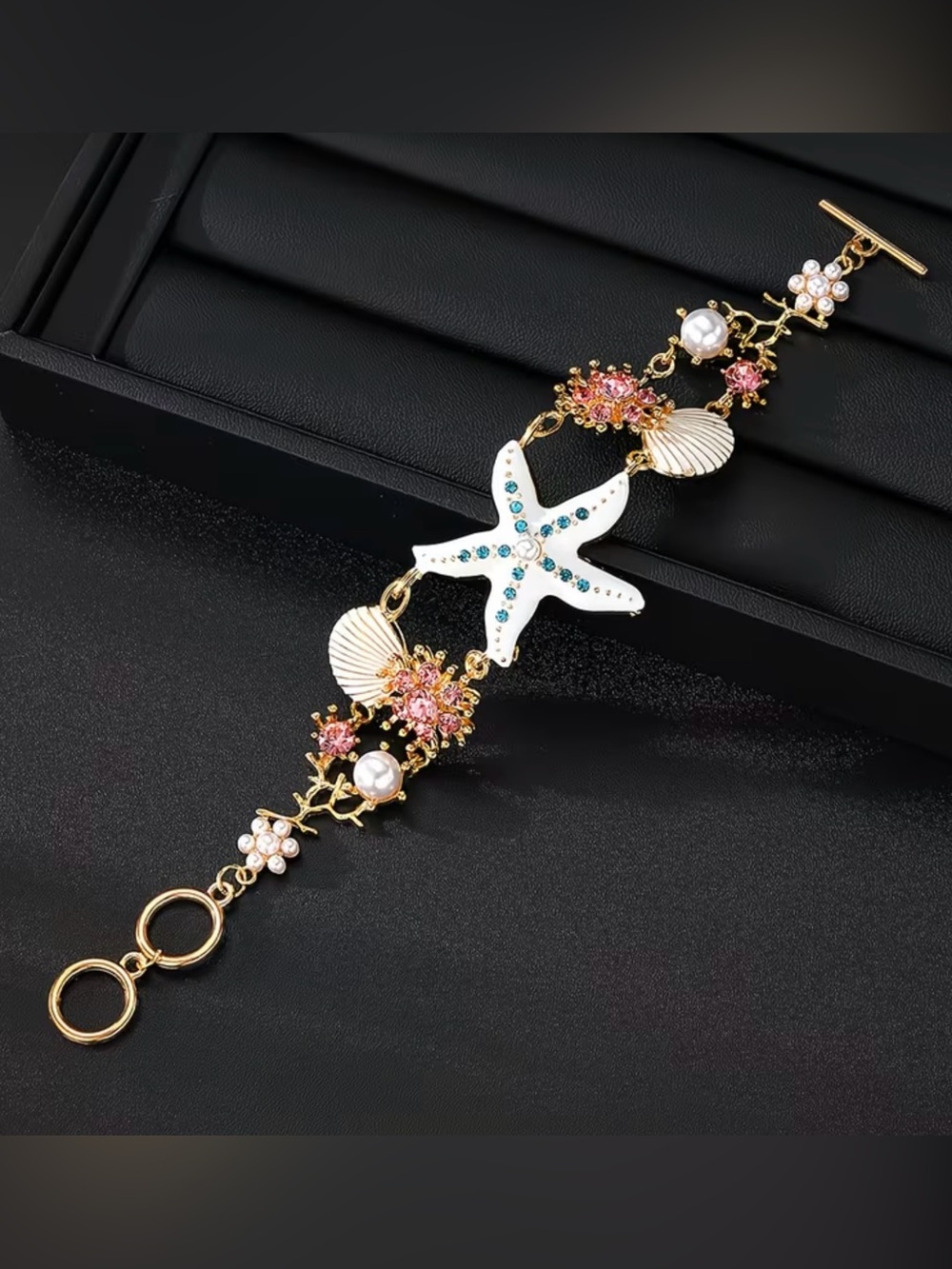 Gold Seashell & Starfish Bracelet with Pink and Pearl Accents